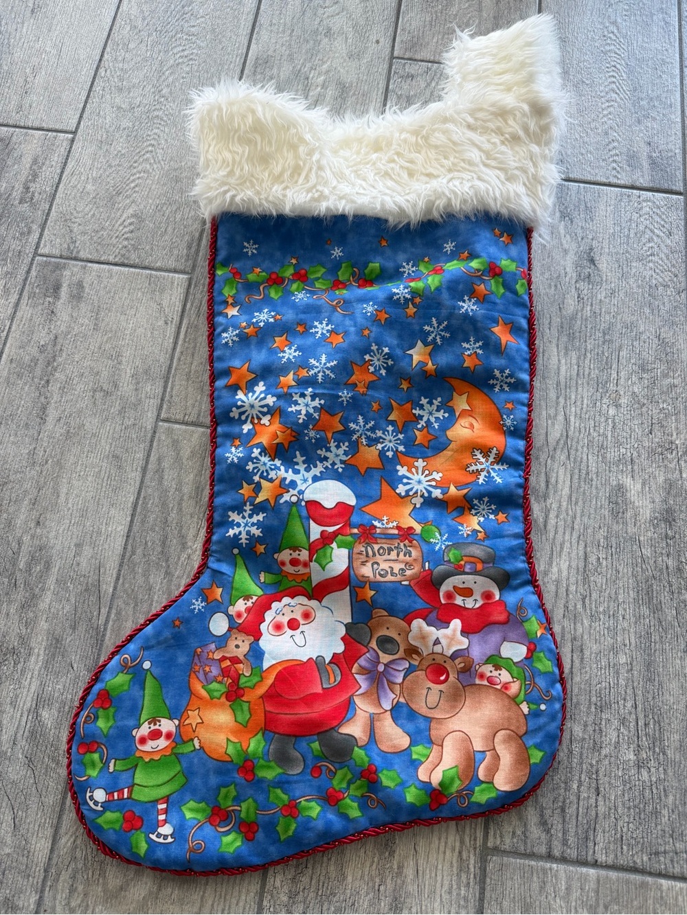 New Handmade Christmas Stocking Santa at North Pole with White Faux Fur Cuff